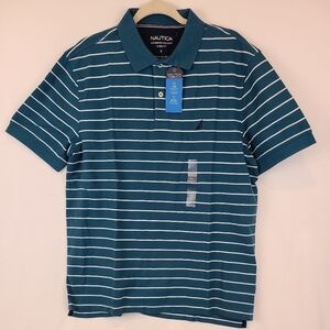 NEW Nautica Mens Classic Fit Striped Blue Coral Performance Deck Polo Sz L NWT